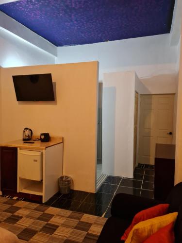 a living room with a couch and a tv on a wall at SKY BEACH ROOMS in Hopewell