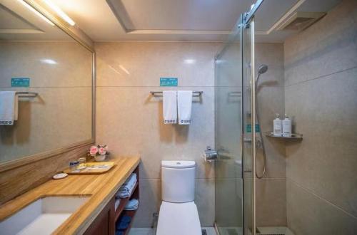 a bathroom with a shower and a toilet and a sink at Manriver Executive Apartments in Guangzhou