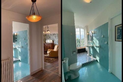 2 fotos de un baño con aseo en una habitación en Vintage holiday apartment on the 1st floor of an elegant mansion - Coutances, en Coutances