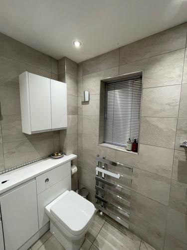 a bathroom with a white toilet and a window at Riverside 2 Bedroom Townhouse with Car Charger in Abergavenny