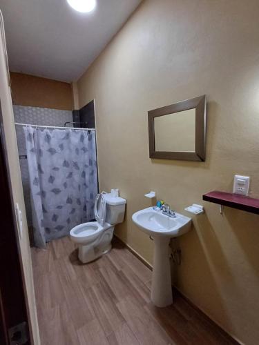 a bathroom with a toilet and a sink at Hotel Cañada's & Bungalows in Villa Corona
