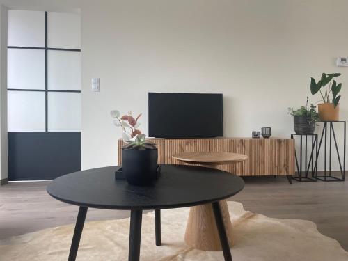 a living room with a table and a tv at Feel@Home Aan Zee in Middelkerke