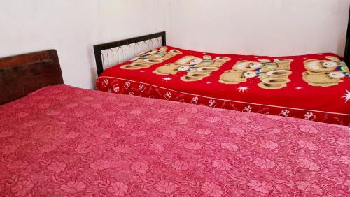 two beds in a room with red sheets with dolls on them at Samaraweera Family House in Kekanadura