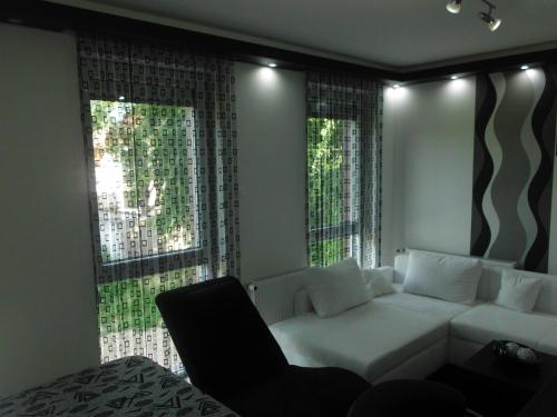 - un salon avec un canapé blanc et une fenêtre dans l'établissement Fészek Apartman, à Debrecen
