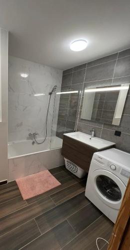 une salle de bain avec un lavabo et une machine à laver dans l'établissement White Pearl, à Chamonix-Mont-Blanc