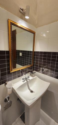 拉合爾的住宿－Red Fort Hotel Gulberg，浴室配有盥洗盆、镜子和浴缸