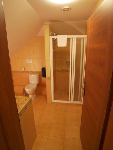 a bathroom with a toilet and a shower in it at Hotel Novy Kastiel - Self check-in in Topoľčany