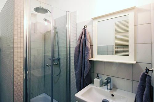 a bathroom with a shower and a sink and a mirror at Bude 1: Liebevoll saniert & komfortabel in Kiel