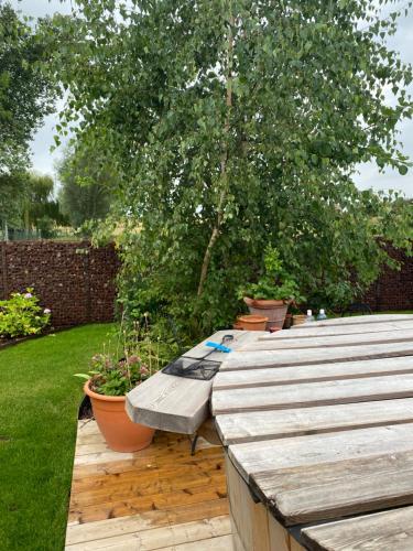 a row of wooden benches in a garden at La Maison d'Arc in Frasnes-lez-Anvaing