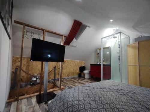 貝爾克濱海的住宿－Gîte Sauna Balnéo Berck sur Mer Lâchez Prise，一间卧室配有一张床和一台电视