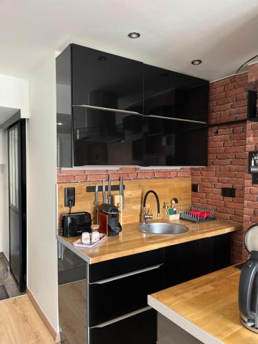 a kitchen with a sink and a brick wall at Escale Studio 21m Aéroport CDG Parc expo Astérix in Gonesse