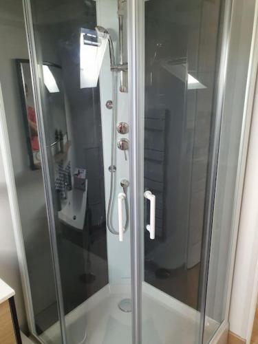 a glass shower in a bathroom with a sink at App 2 ch, spacieux et lumineux in Limoges