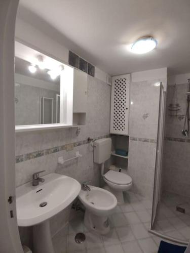 a bathroom with a sink and a toilet and a shower at Casa Nannina in Ischia Town