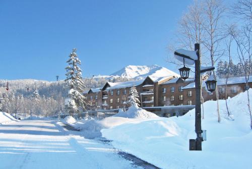 a snow covered street with a building and a light pole at Higashikawa Asahidake Onsen Hotel Bear Monte in Higashikawa
