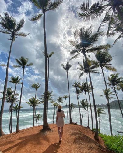 a woman walking on a beach with palm trees at Bananas Mirissa in Mirissa