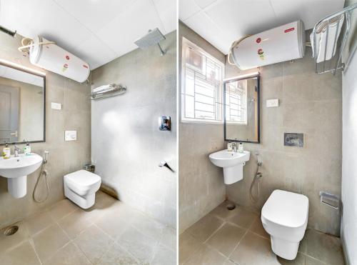 two pictures of a bathroom with a toilet and a sink at UPAR Hotels Thoraipakkam, OMR in Chennai