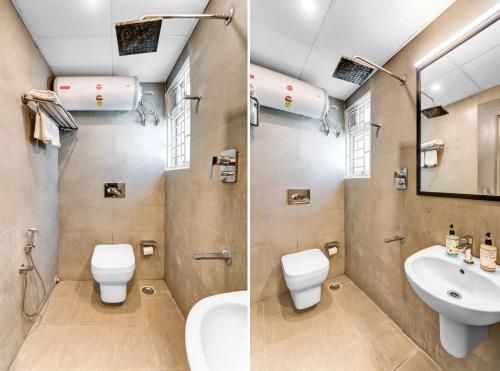 two images of a bathroom with a sink and a toilet at UPAR Hotels Thoraipakkam, OMR in Chennai