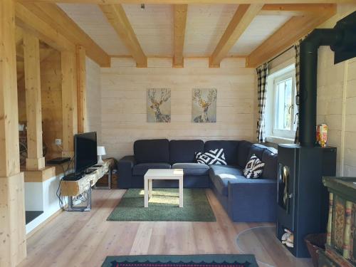 a living room with a blue couch and a tv at Chalet Dalpe by Quokka 360 - chalet among pastures and forests in Dalpe