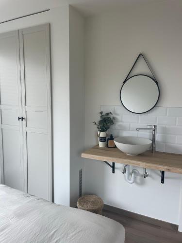 a bathroom with a sink and a mirror on a shelf at Feel@Home Aan Zee in Middelkerke