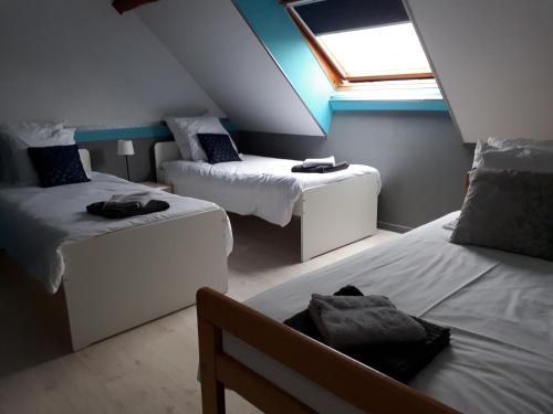 Cette chambre mansardée comprend 2 lits et une fenêtre. dans l'établissement La Villa Bernard, à Varennes-sur-Loire