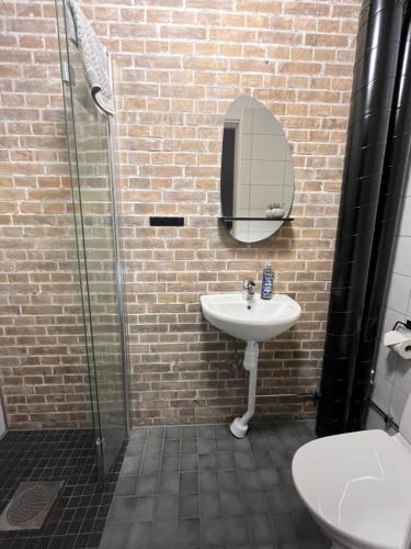 a bathroom with a sink and a glass shower at Spirit Bed & Breakfast in Ekeby