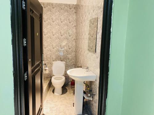 een badkamer met een toilet en een wastafel bij Abanaba lodge& Restaurant in Kumasi
