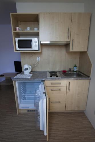 a small kitchen with a stove and a microwave at Vila Aneta in Luhačovice
