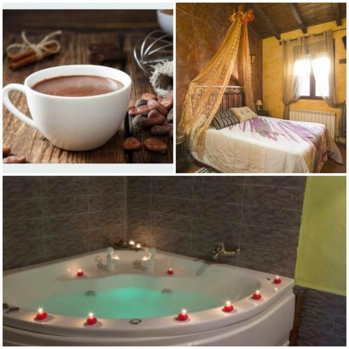 a collage of pictures of a bath tub with a cup of coffee at LOS SUEÑOS DE JAVIER in Robledillo