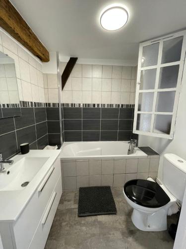 une salle de bain avec une baignoire, des toilettes et un lavabo dans l'établissement L'Ecuyère-Maison de Ville-Secteur cathédrale-Parking privé gratuit, à Chartres