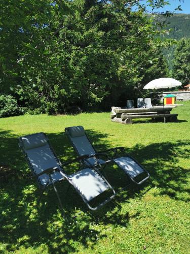 a group of lawn chairs sitting in the grass at Chesa-strimer - Veranda in La Punt-Chamues-ch