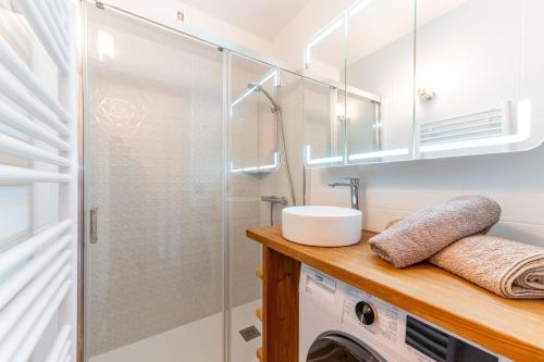 a bathroom with a shower and a sink and a washing machine at Le Balcon du Mont Blanc - Studio refait à neuf in Cordon