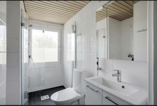 a white bathroom with a toilet and a sink at Kaupunkikoti erinomaisella sijainnilla in Porvoo