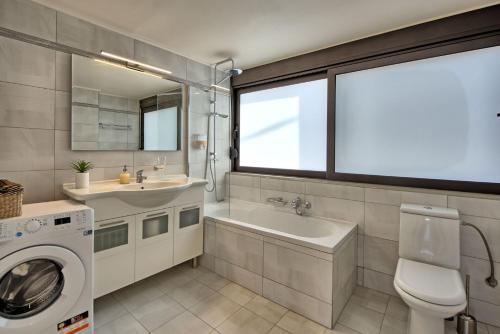 a bathroom with a toilet sink and a washing machine at Phaedra by PosarelliVillas in Kounoupidhianá