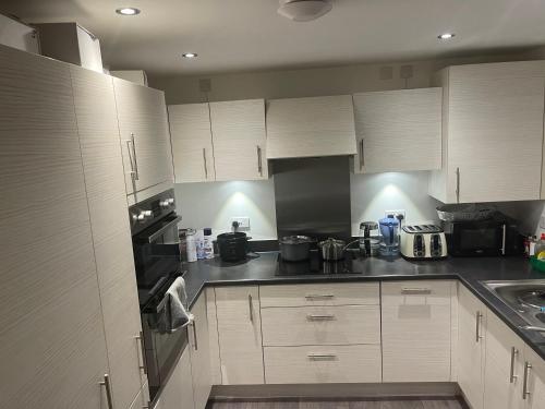a kitchen with white cabinets and black appliances at Capewell Gibson House in Rotherham