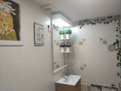 ein Bad mit einem Waschbecken und einem Spiegel in der Unterkunft Casa María, ático con vistas y parking in Sant Joan de les Abadesses