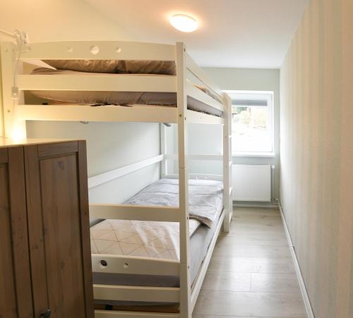 a bunk bed room with two bunk beds in it at Ferienwohnung Waterkant direkt am Wittensee, mit Spielscheune in Bünsdorf