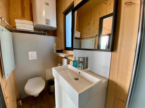 a bathroom with a sink and a toilet and a mirror at My Happy Box in Ochsenfurt