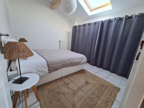 a bedroom with a bed and a blue curtain at Casa Papidou, Charmante Maison au calme in Jonage