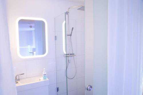 a bathroom with a shower and a sink at Cosy Apartment at Prenzlauer Berg with Terrace and HeadphoneCinema in Berlin