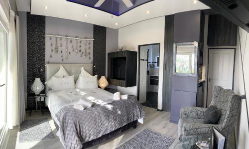 a bedroom with a bed and a tv and a chair at Farr Out Guest House in Paternoster