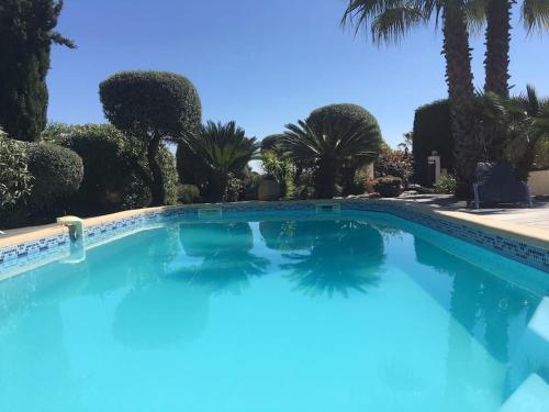 - une piscine dans un complexe avec des palmiers dans l'établissement Très belle maison piscine chauffé 210M2 climatisé, à Sainte-Maxime
