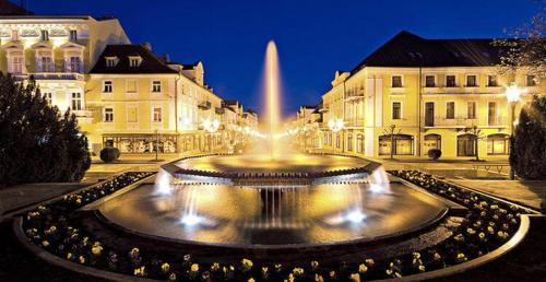a large fountain in the middle of a city at night at Apartmán VS Františkovy Lázně in Františkovy Lázně