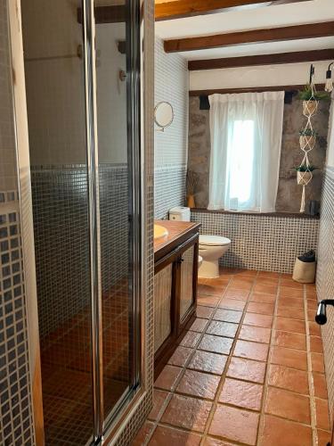 a bathroom with a shower and a sink and a toilet at El latido del Tiétar in Lanzahita