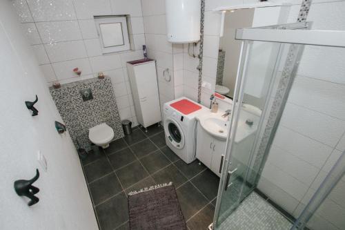 La salle de bains est pourvue de toilettes, d'un lavabo et d'un lave-linge. dans l'établissement Apartment Florio - garden & free parking, à Trogir
