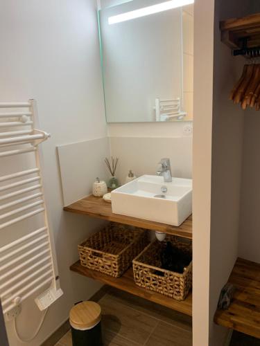 a bathroom with a sink and a mirror at Chez Claudine APPART COSY in Château-Gontier