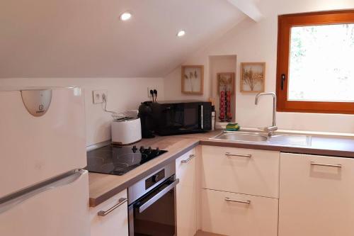 a kitchen with a sink and a stove and a microwave at Gîte Les Fourmilières in Ligny-le-Ribault