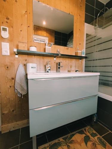 une salle de bain avec un lavabo et un miroir dans l'établissement Villa MoMa Nouvelle sur Arès, à Arès