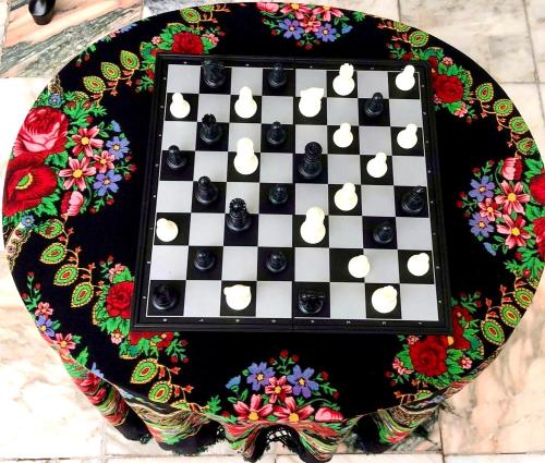 Hotel Tramonto في شاكفي: لوحة شطرنج على طاولة عليها زهور