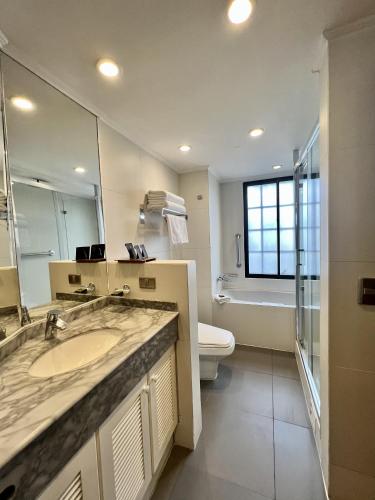a bathroom with a sink and a toilet and a mirror at Best Western Marina del Rey in Viña del Mar