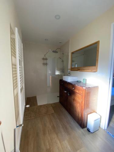 une salle de bain avec un lavabo et un miroir au mur dans l'établissement Gîte de Corsas, à Saint-Victor